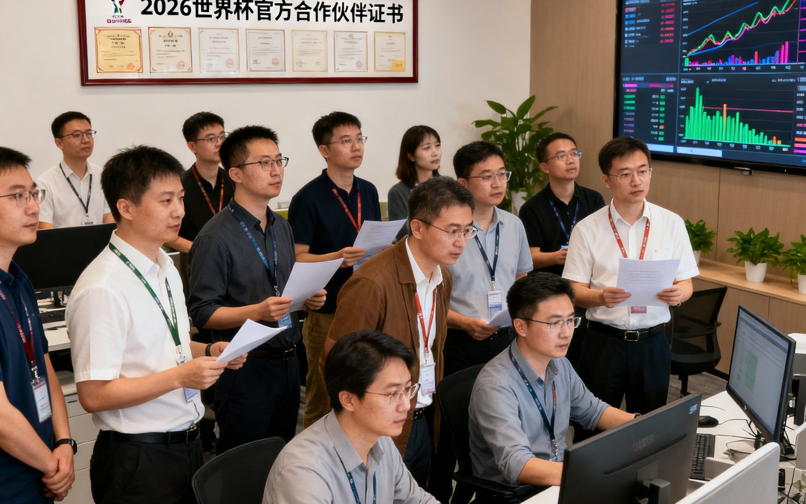 美加墨世界杯资讯中心北京办公室团队合影,30余位编辑和分析师在开放式办公区协作,背景墙上悬挂着2026世界杯官方合作伙伴证书和实时数据监控大屏