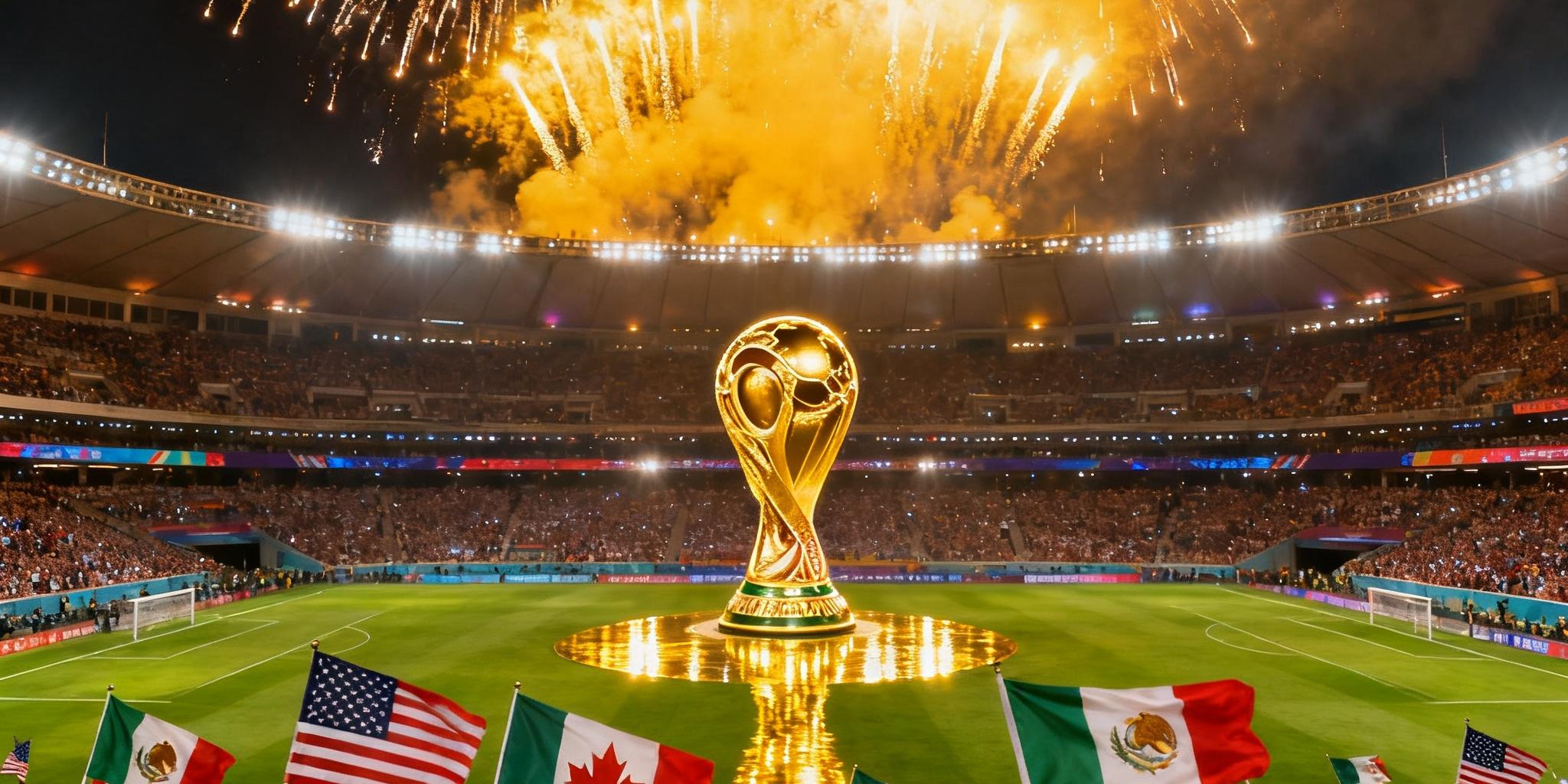 2026年美加墨世界杯开幕式在墨西哥城阿兹特克体育场举行，夜空烟花绚烂，数万球迷挥舞三国国旗欢呼，草皮上巨型世界杯标志闪耀全场