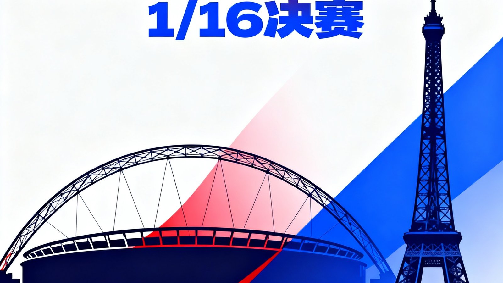2026年6月18日英格兰对阵法国1/16决赛预告,红色与蓝色对抗的视觉设计,温布利元素与埃菲尔铁塔剪影融合
